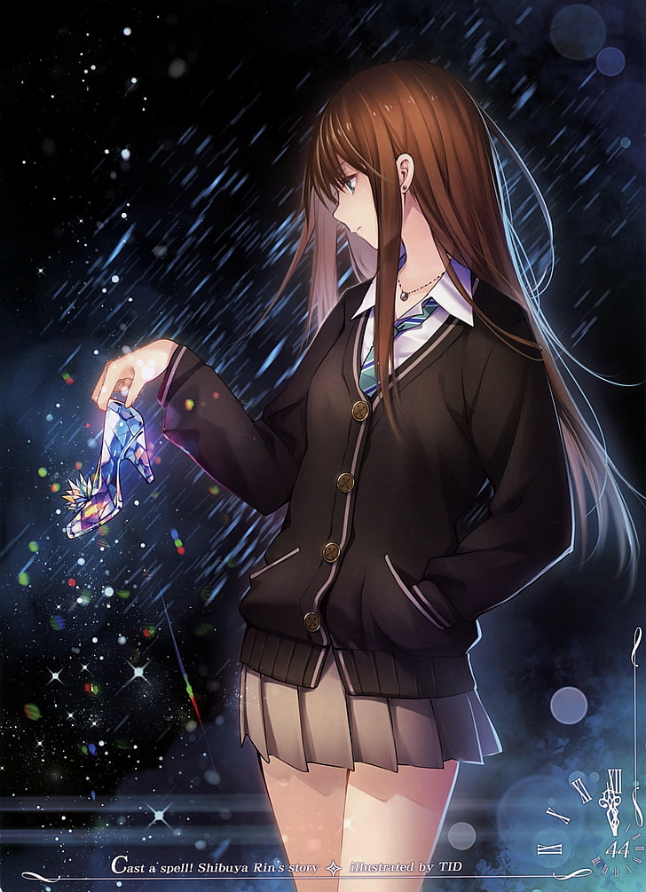 anime, anime girls, Shibuya Rin, long hair, rain, one person